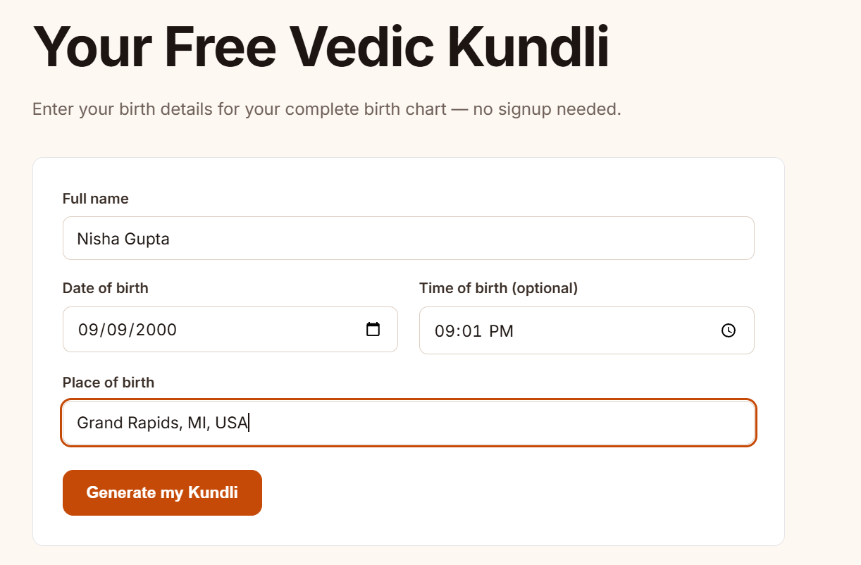 The FreeAIKundli birth details form: full name, date of birth, optional time of birth, and place of birth