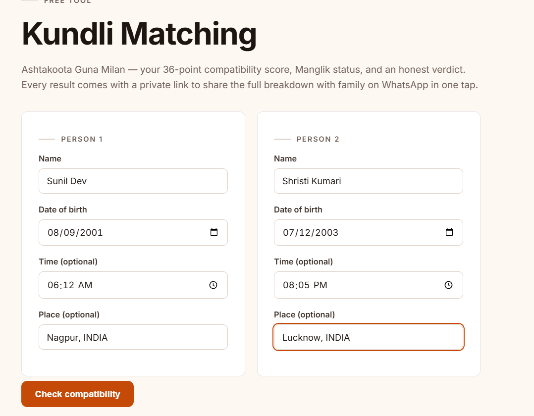 Kundli matching on FreeAIKundli: birth details for two people, producing a 36-point Guna Milan score