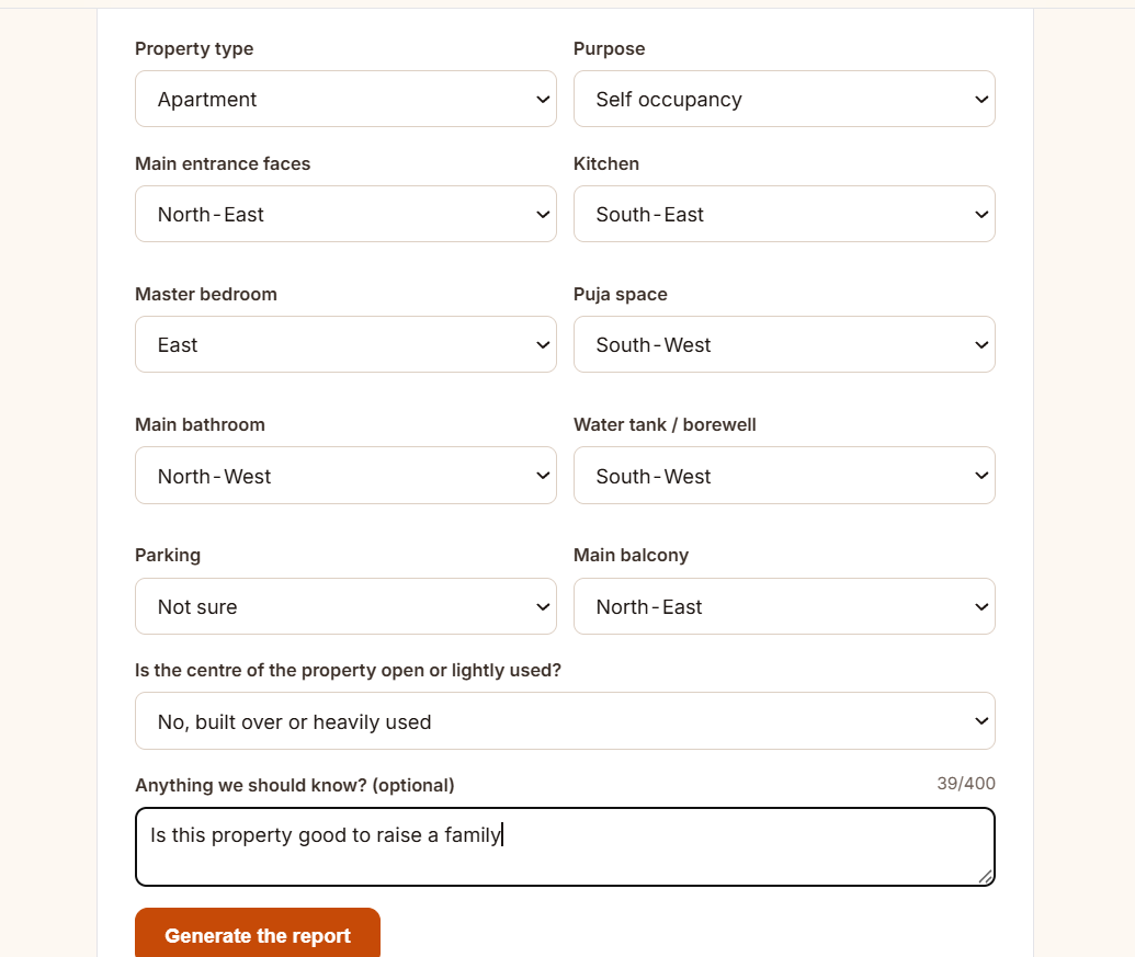The Vastu form asking which directions the entrance, kitchen, bedroom and other spaces face